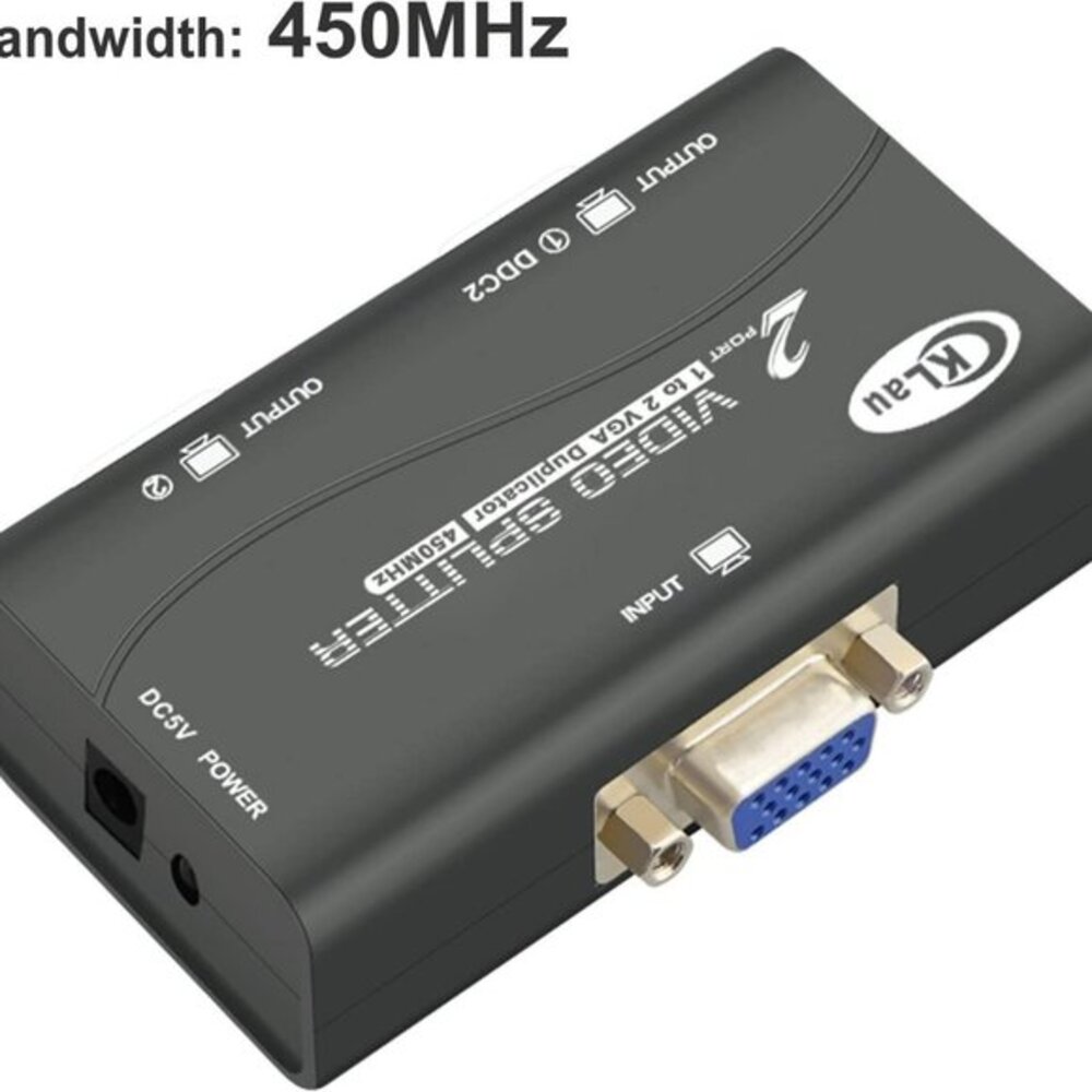 NWT 450MHz Bandwidth 2 Port VGA Splitter Amplifier Box 1 PC to 2 Monitors